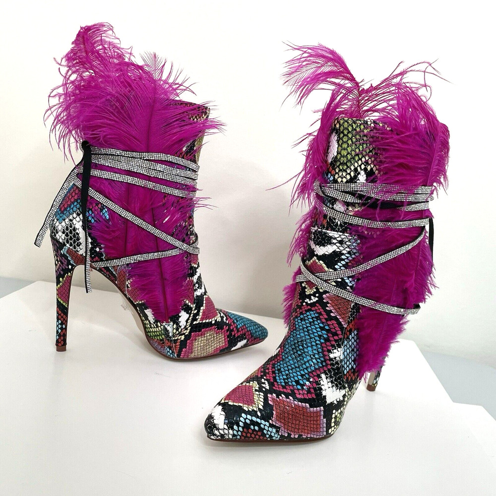 Azalea Wang Hawk 8.5 Feather Snakeskin Rhinestone Strap Stiletto Heel Booties